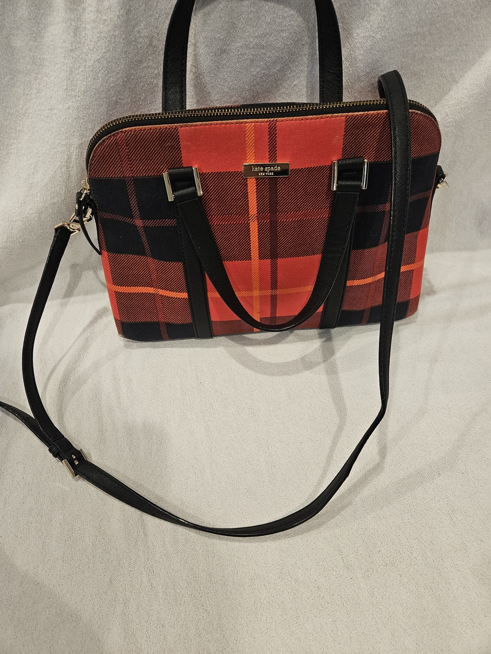 kate spade New York Newbury Lane Red Plaid Tote with Black Leather Trim Purse - Picture 3 of 16